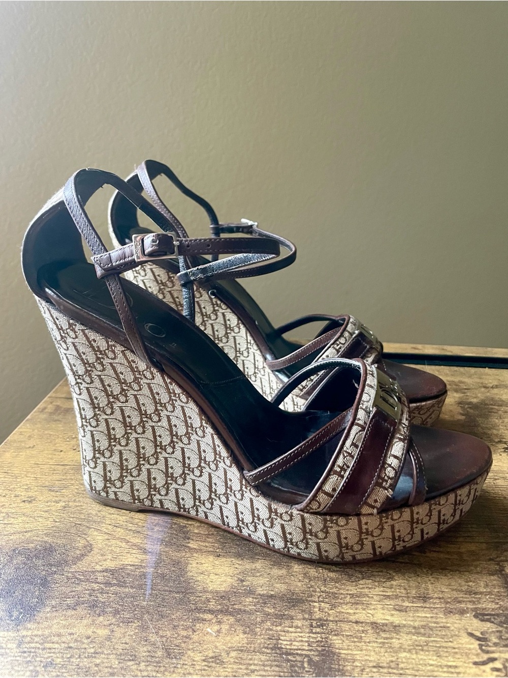 Vintage Dior Brown Monogram Canvas Wedge Sandals